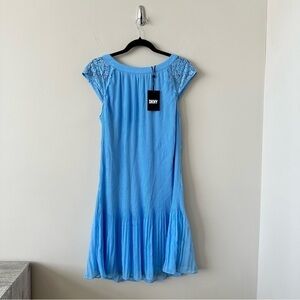 NWT-DKNY Robyn Egg Blue Knife Pleated Lace Cap Sleeve Short Dress (Size:12)